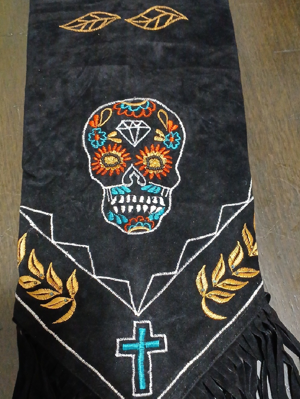 Black Embroidered Sugar Skull Fringe Scarf